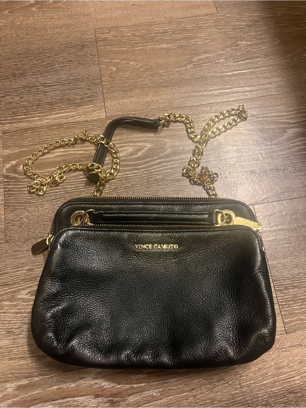 Vince Camuto Black Pebbled Leather Double-Zip Crossbody with Gold Chain